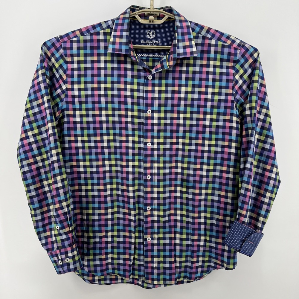 BUGATCHI Shaped Fit Flip Cuff Long Sleeved Check Button Up Shirt Men's Large